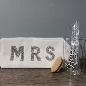 White Bridal Pouch and Glass Set— small bride-to-be bundle 🤍